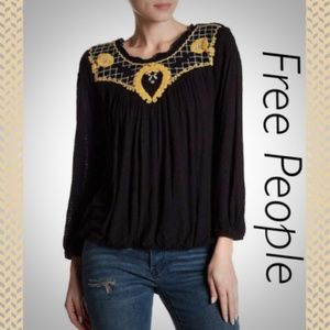 FREE PEOPLE | Embroidered Black Yoke Top NEW